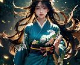 手機桌布，螢火蟲，寫實，一名身穿和服的婦女，頭上寫著「manago」字樣。