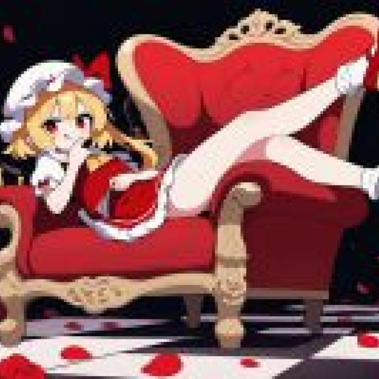 東方幻想鄉：一個女孩坐在紅色的椅子上，腳邊散落著玫瑰花瓣。