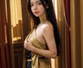 DRLLWoman in gold dress posing for photo.