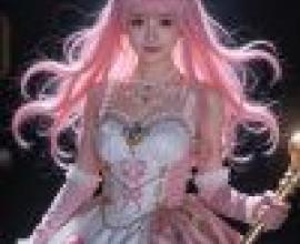 裝扮成穿著粉紅色衣服、留著長髮、戴著貓耳朵的女孩。