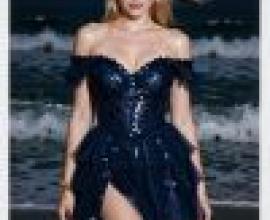 girls，A blonde woman in a blue gown on the beach.