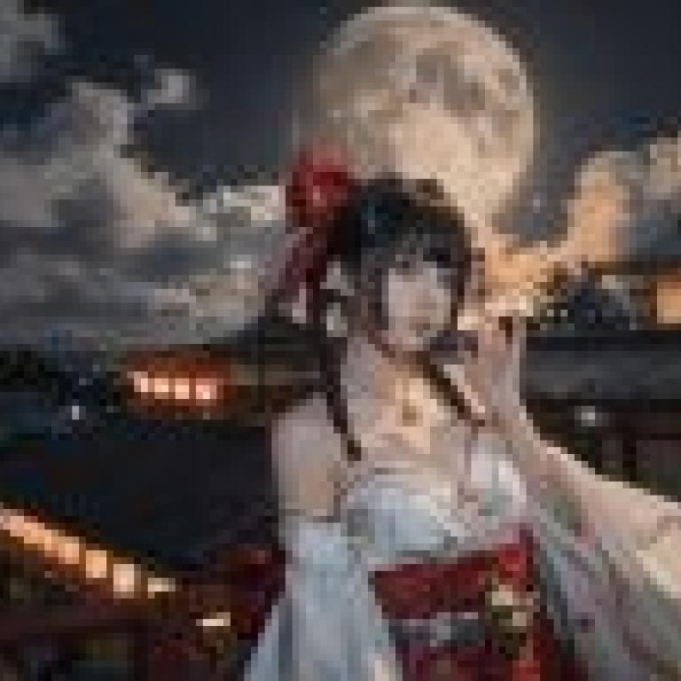 美人，一位動漫人物在月光下的建築物前擺姿勢。