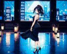 80s comic girl，The woman in the black dress on the dance floor with her hand up.
