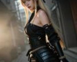 Beauty，The blonde woman in the black outfit is holding a sword.