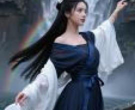 村長的女兒，穿著藍色衣服，頭上戴著蝴蝶結的女子。