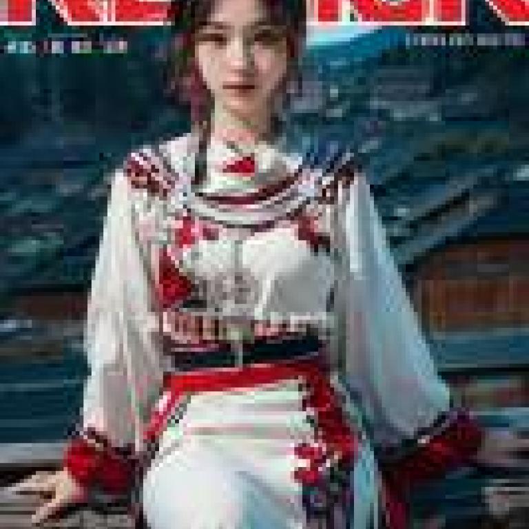 苗族服飾 白色苗疆服飾，一位身穿紅白洋裝的女孩盤腿而坐。