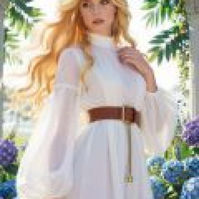 ZIT trans，A model wears a white dress with a brown belt.
