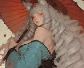 Fox Fairy，A cat girl holding umbrella with red leaves in background.