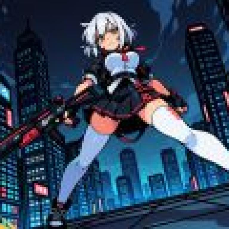 Future Female Police，An anime woman is on the ground in front of a city skyline.