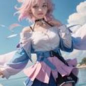 march7th Star Rail，Pink haired woman in pink and blue dress.