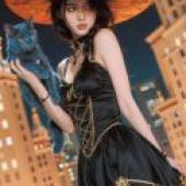 ZIT ATR，A girl in a witch costume holds a cat.