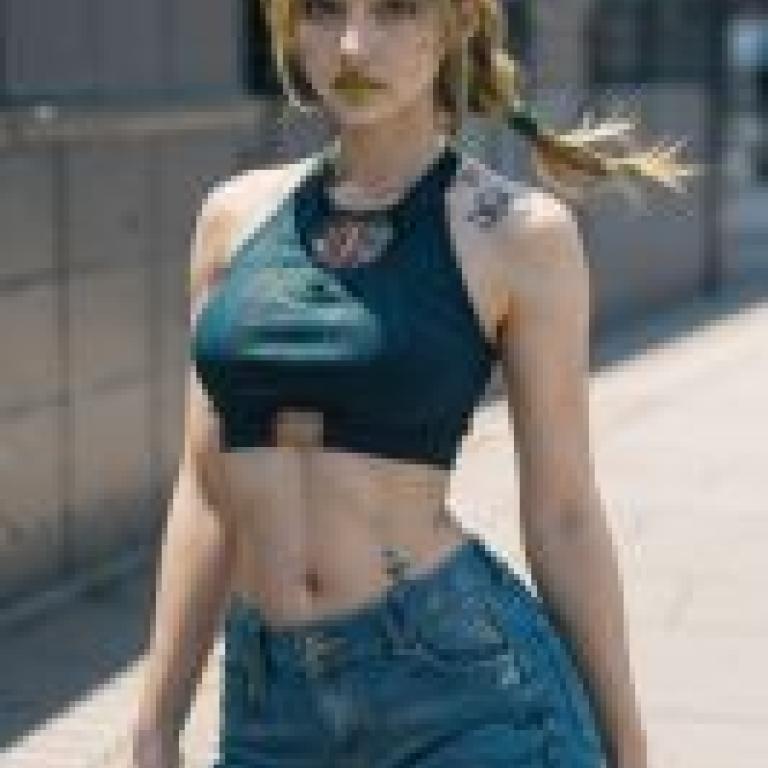 空條徐倫，JOJO的奇妙冒險，一位穿著露臍上衣、手臂上有紋身的女性。