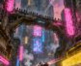 Fantasy Dream，A neon lit building at night with cars driving by on the street.