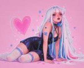 困於夢境之中，一個有著藍色頭髮和粉紅色愛心的女孩。