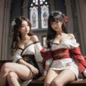 和服時光：教堂長凳上的和服美女，桌布免費下載，唯美和風