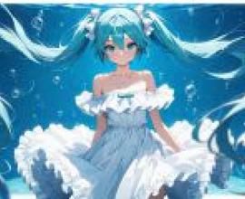 初音未來，身穿藍色洋裝的卡通女孩。