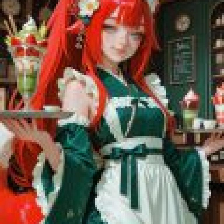 TA，A girl in red hair and green dress.