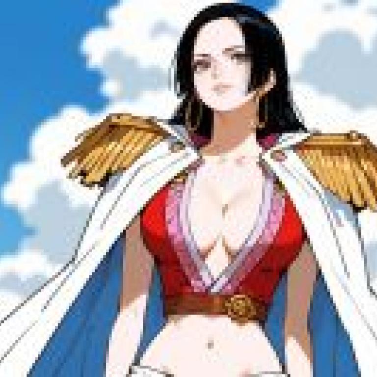 One Piece，Hancock Boa， 女帝，動漫女人穿著紅白的衣服，繫著金腰帶。