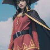 Megumin，KonoSuba main series，a girl wearing the costume of harry potter with long hair and black colored eyeglasses.
