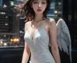 城市中的天使幽靈，一位女子擺出姿勢，身後是一對翅膀。