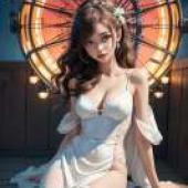 摩天輪之夢，一位模特兒坐在摩天輪前的木凳上。