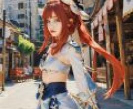 nilou，原神，一位紅髮藍裙的女子。