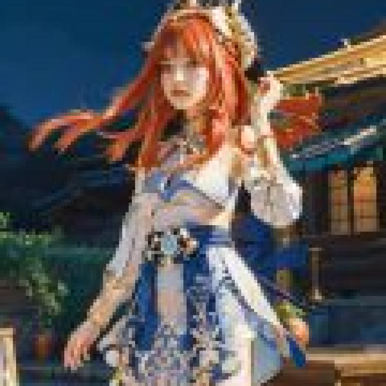 nilou， genshin impact，A woman in a blue and white dress with red hair.