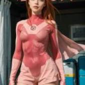 Mobile wallpaper， Samantha Eve Wilkins， Atom Eve， realistic， a girl in a pink cosplay costume poses for a photo.