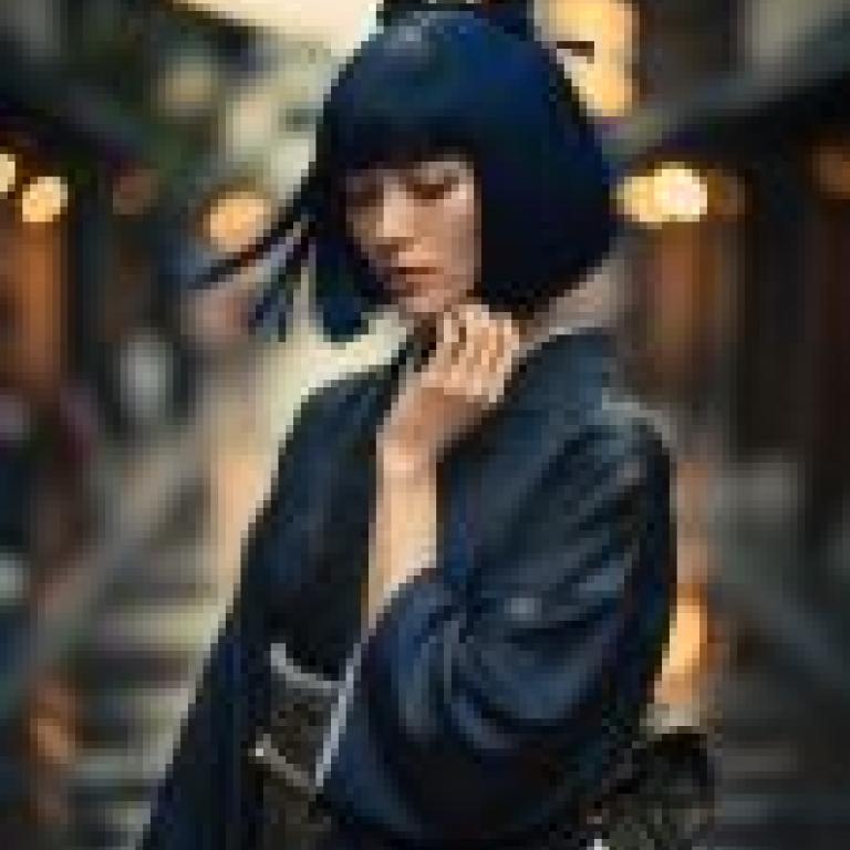 Photographers，A woman wearing blue hair and dress.