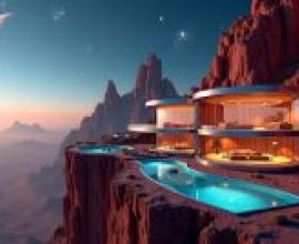 house on Mars，一座未來主義風格的水療中心建在山腰。
