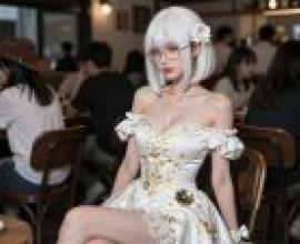 White flowers at the banquet，A girl in a dress in front of other people.