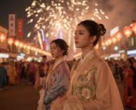 古代中國，身著和服的女子並肩而立。