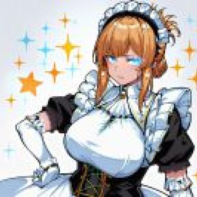 angry maid，一張照片中，一位女孩戴著蝴蝶結，周圍環繞著星星。