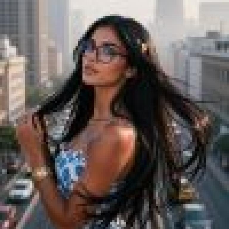 girls，a girl is standing on the road wearing blue and white dress and glasses.