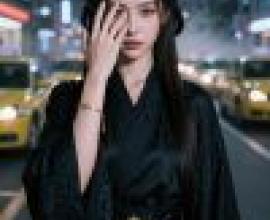 Street beauties，A young woman in black dress in front of taxi cabs.