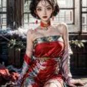 妲己，眾神的創造，一位穿著紅裙的女子坐在石台上。