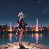 動漫美少女人物，「碼頭仙境夜 - 水中女子的夜晚，星空城市的浪漫桌布免費下載」