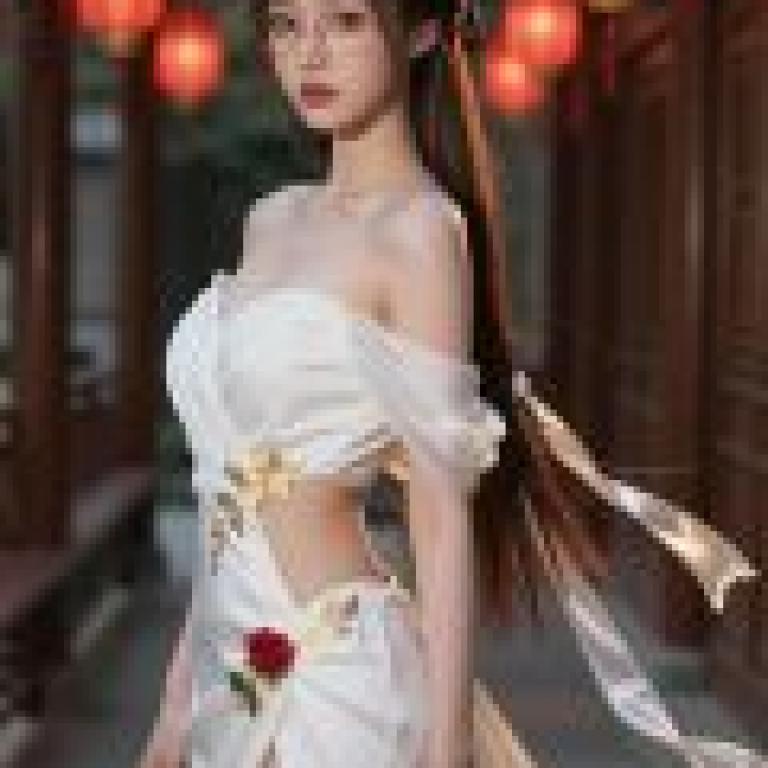 z image test，A model girl wearing white dress and red flower.