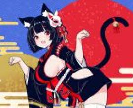 yamashiro azur lane，Cat in red with cat head on her shoulder.