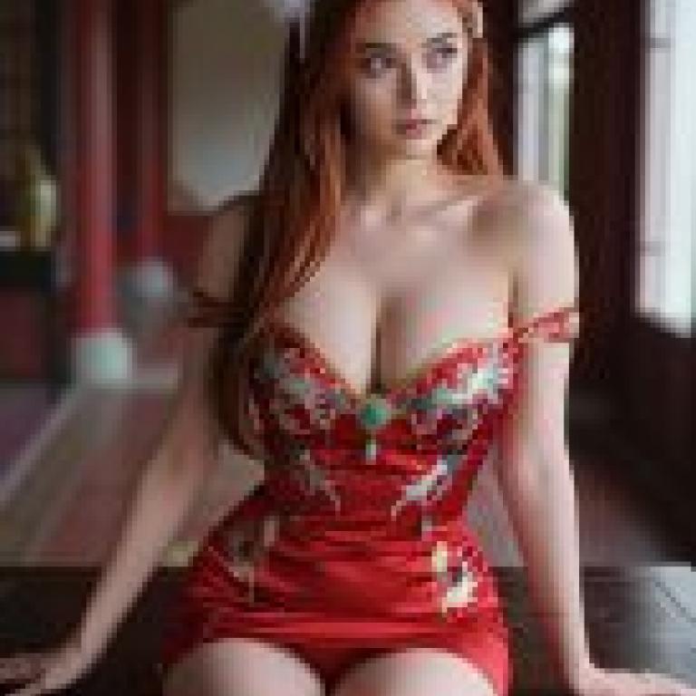 ZIT TRY01，A woman in a red dress sits on a table.