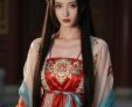 Ancient Chinese beauties，Asian woman in a red kimono looking off to the side.