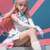 Cure Prism Soaring Sky Pretty Cure SecretMoon，白色平台上的粉紅色頭髮娃娃。