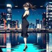 80年代漫畫女孩，一個女孩站在城市天際線前的藍色平台上。