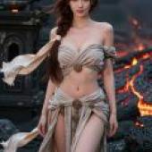 Volcano Goddess，A woman in a flowing dress stands before a burning lava.