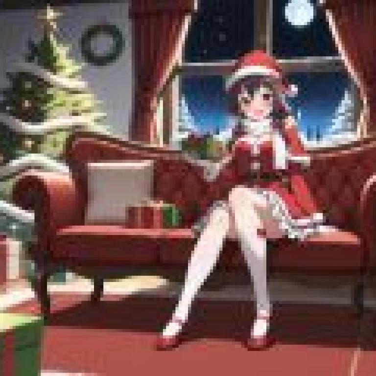 聖誕節獨處時光，女孩獨自坐在紅色沙發上。