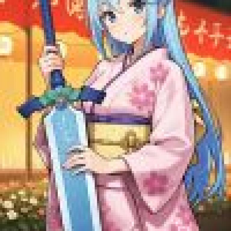 anime girls，A blue haired girl in a pink kimono holding a sword.