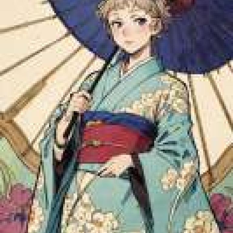 oil paper umbrella，Painting of woman holding umbrella and wearing kimono.