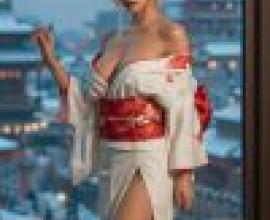 Japanese kimono，A woman is standing in a window with a full moon background.