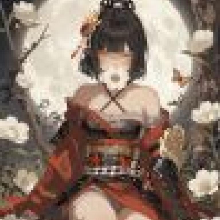 時間流逝，一位身著東方服飾、戴著面具的女子。