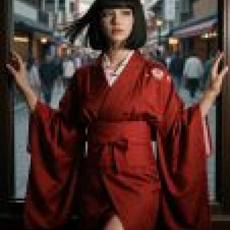 時間流逝，一位身穿紅色和服、黑髮的女子。